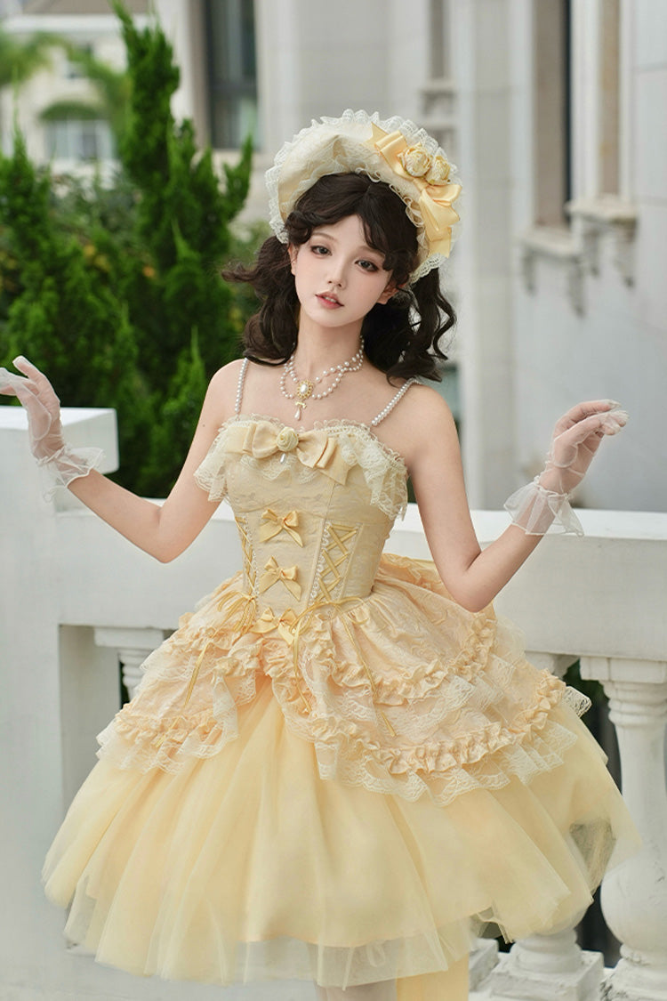 Yellow Off Shoulder Sweet Skirt with Lace and Bow - Sissi's Pilgrimage
