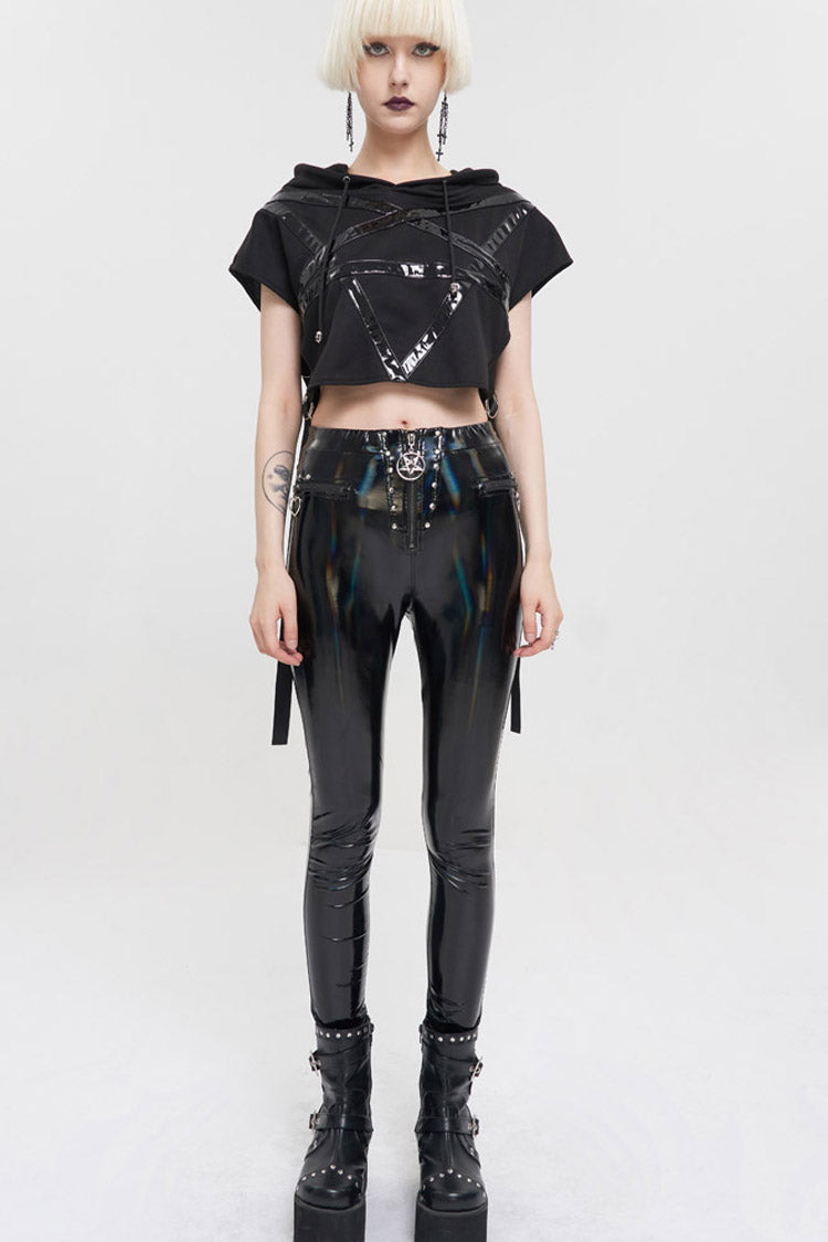 Punk Hoodie Tee with Pentagram Print and Leather Accents
