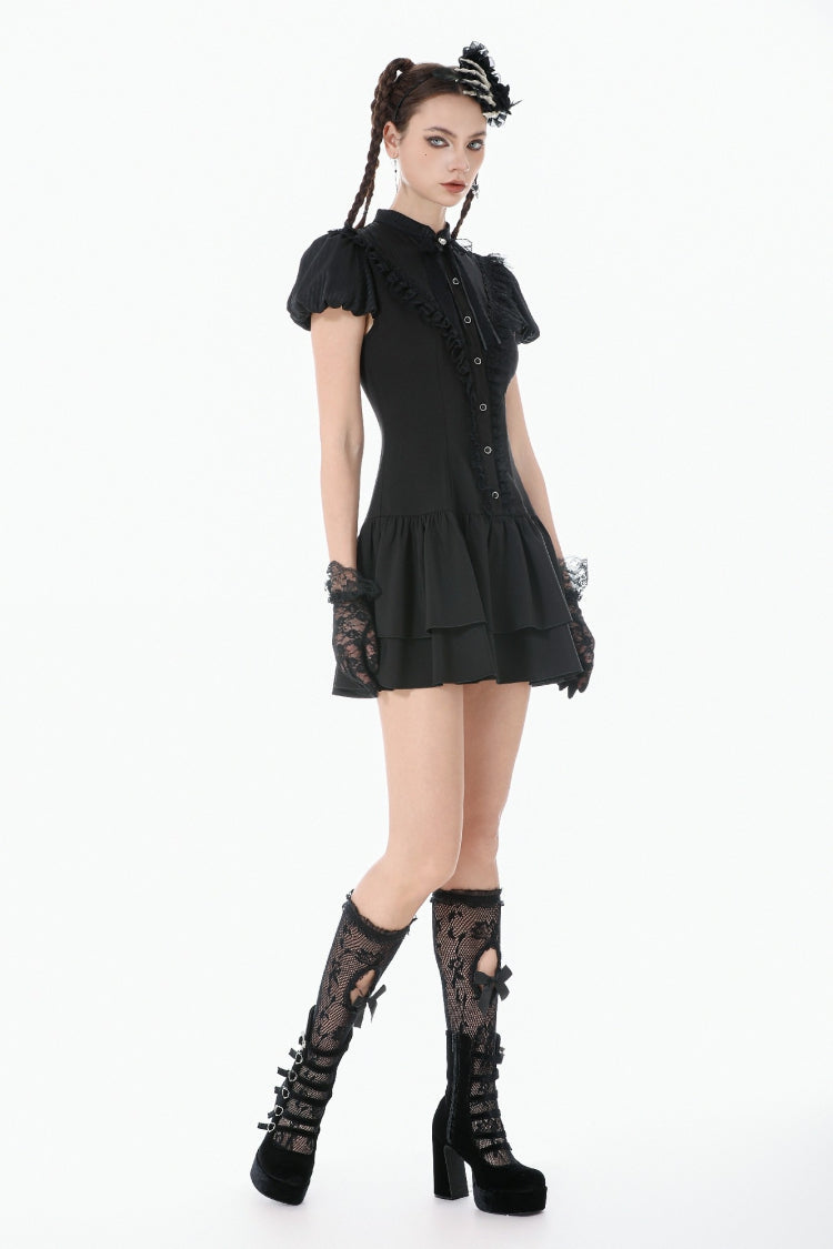 Pleated Bow Lace-Up Short Sleeve Gothic Lolita Dress - Black