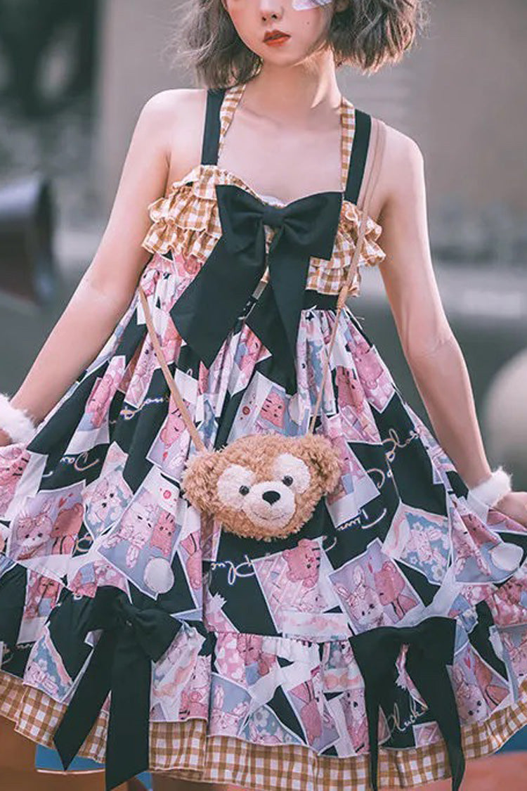 Ruffled Bowknot Print JSK Dress with Detachable Straps