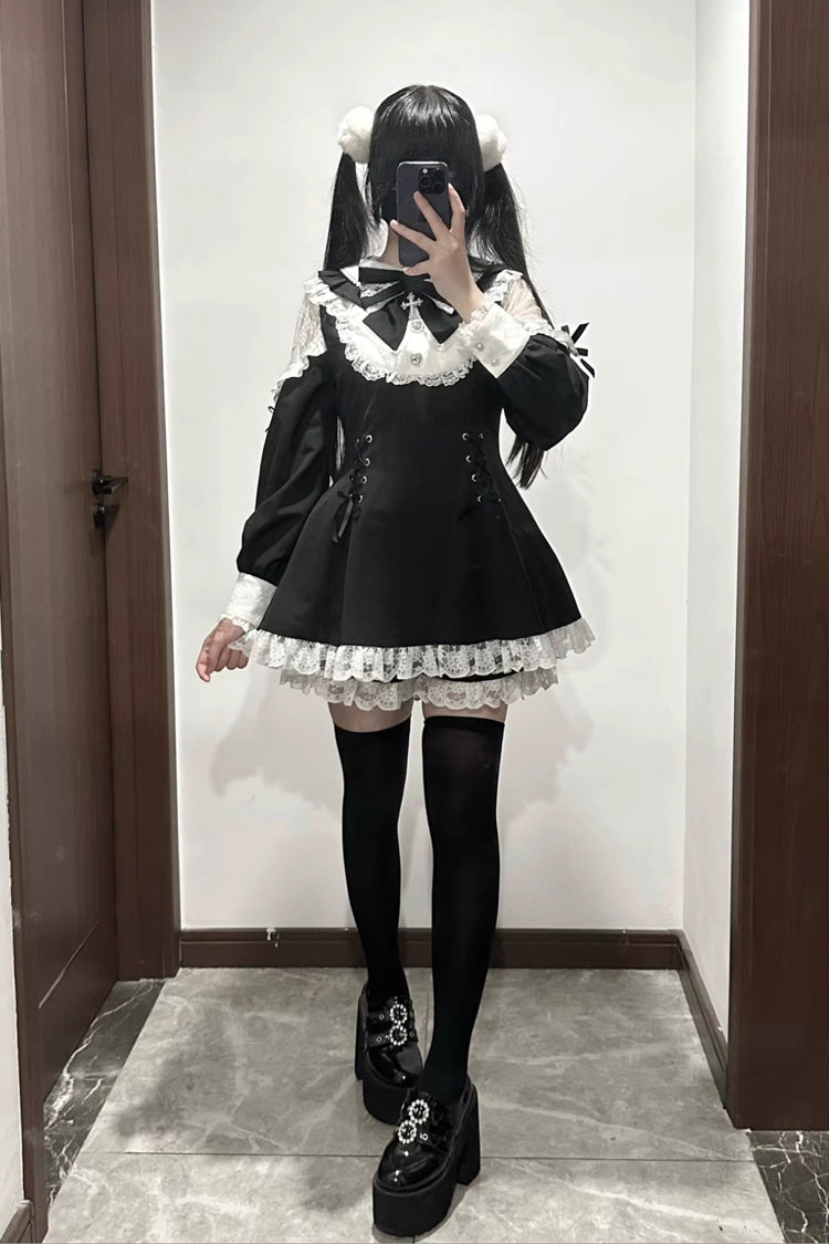 Black and White Divine Love Cut-Out Bow Lace-Up Dress and Shorts Set