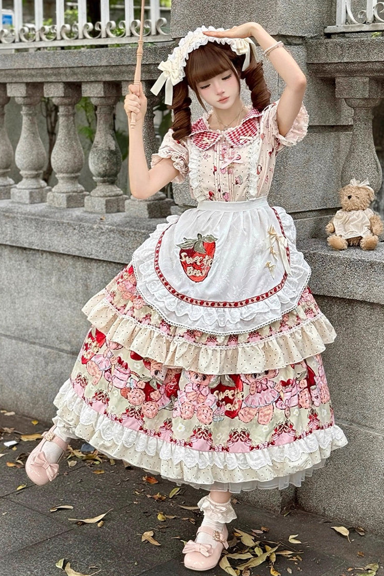 Cream Bear Strawberry Ode Print Short Sleeve Double-Layer Frilled Bow Princess Sweet Lolita JSK Dress
