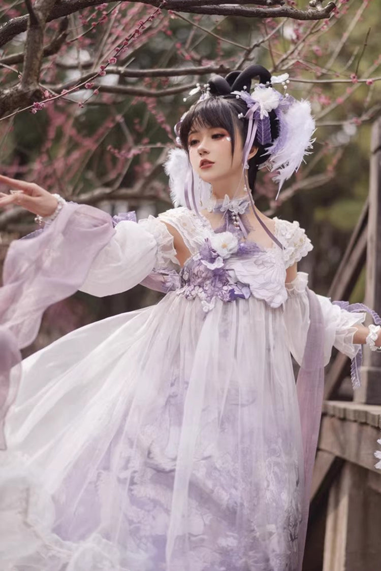 Ivory and Purple Square Neck High-Waist Printed Ruffled Lace Pearl-Trimmed Sweet Chinese Lolita JSK