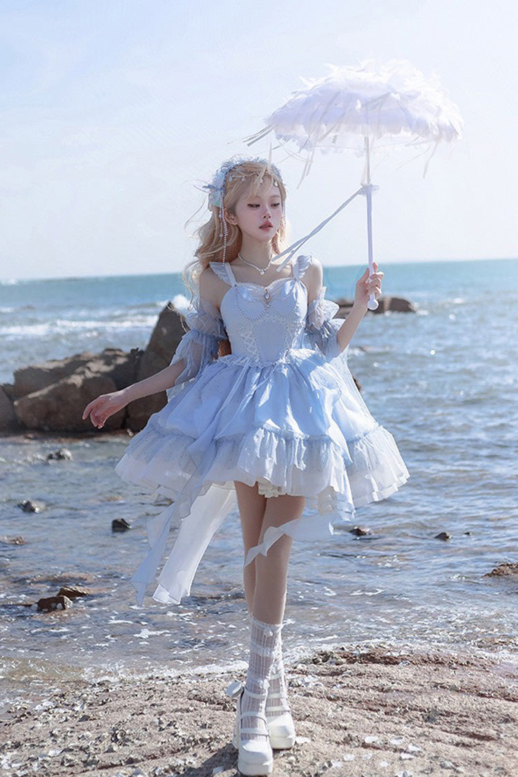 Blue Moon Goddess Song Multilayer Ruffle Lace-Up Sweet Elegant Lolita Jumper Dress