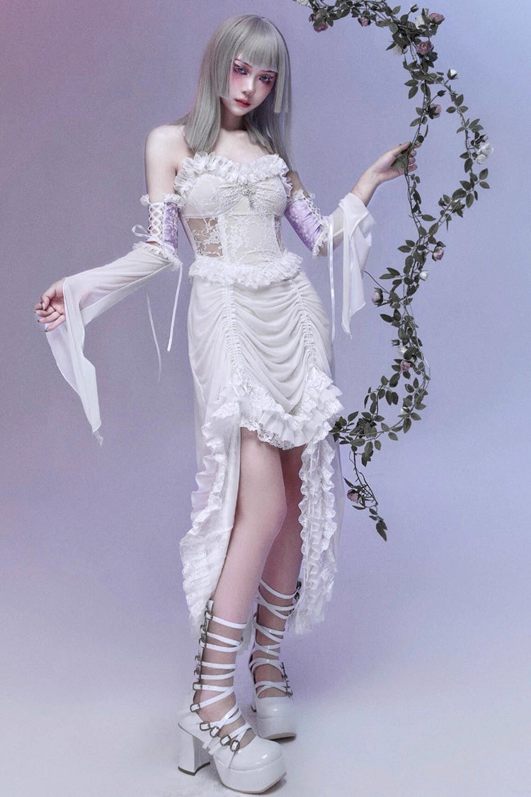 Ivory Drawstring Pleated Gothic JSK Dress with Embroidery - Redemption of the Deity