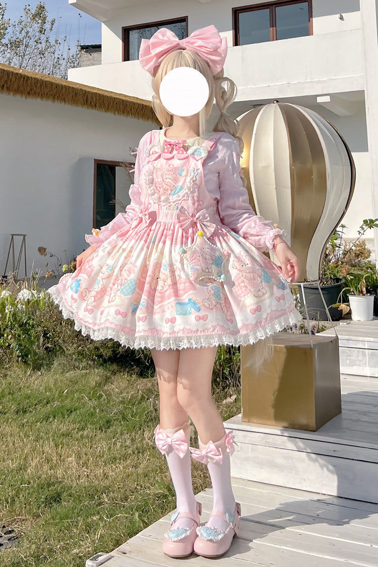 Kawaii Bears Printed Pink Bow Stitching Lace Sweet Lolita Strap Dress - Miss Brown