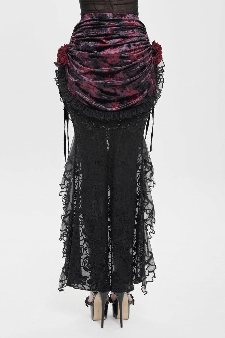Crimson & Noir Embroidered Rose Lace-Up Asymmetric Hem Gothic Skirt