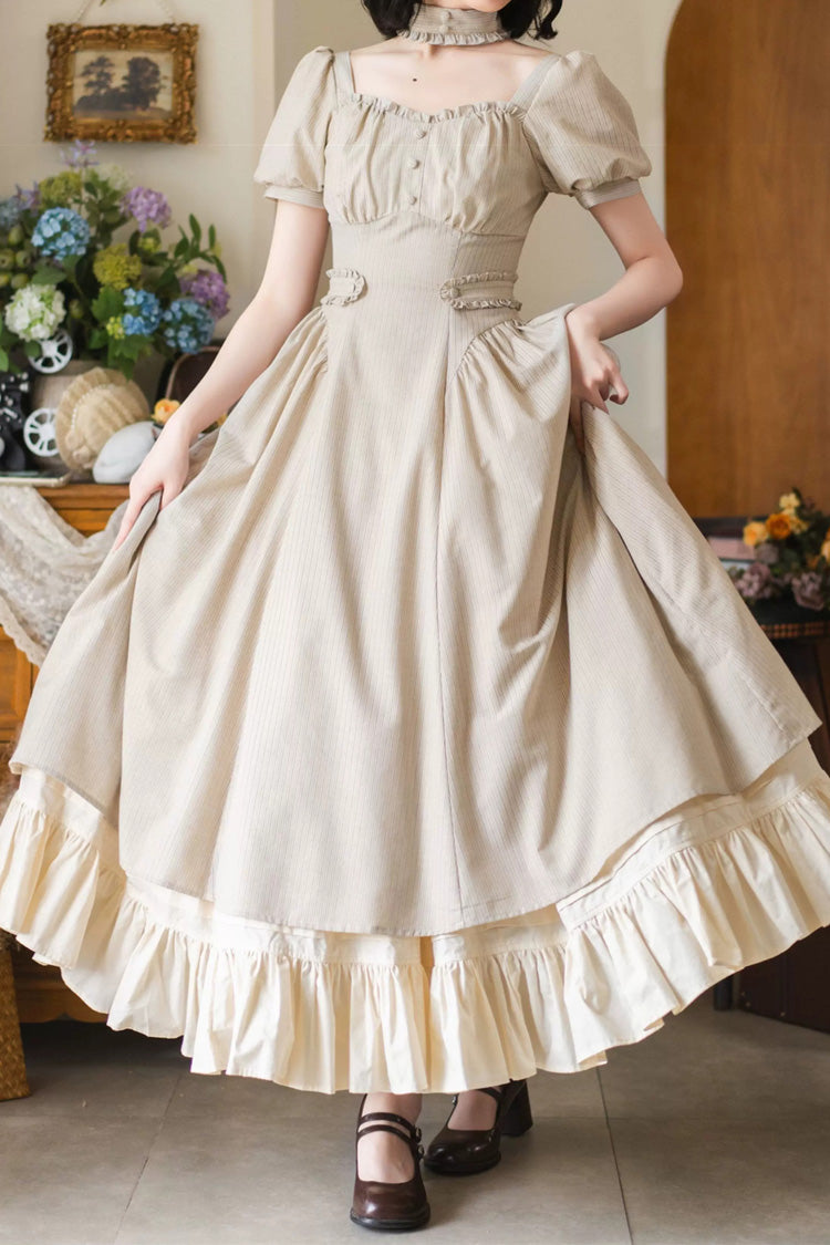 Khaki Square-Collar Ruffled Striped Vintage Dress