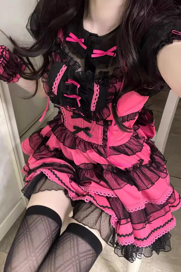 Sweet Lolita Dress - Pink Rose Print, Multi-Layer Bow