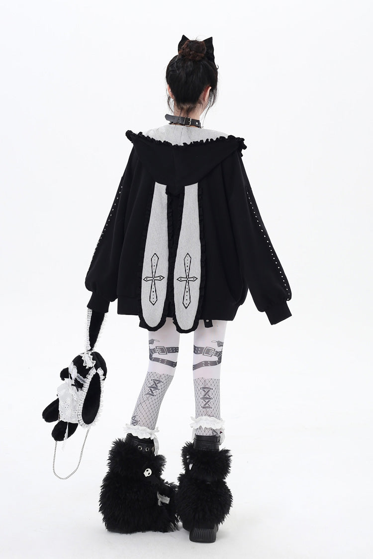 Heart Print Hooded Zipper Coat with Bunny Ears - Striped Bunny Ears