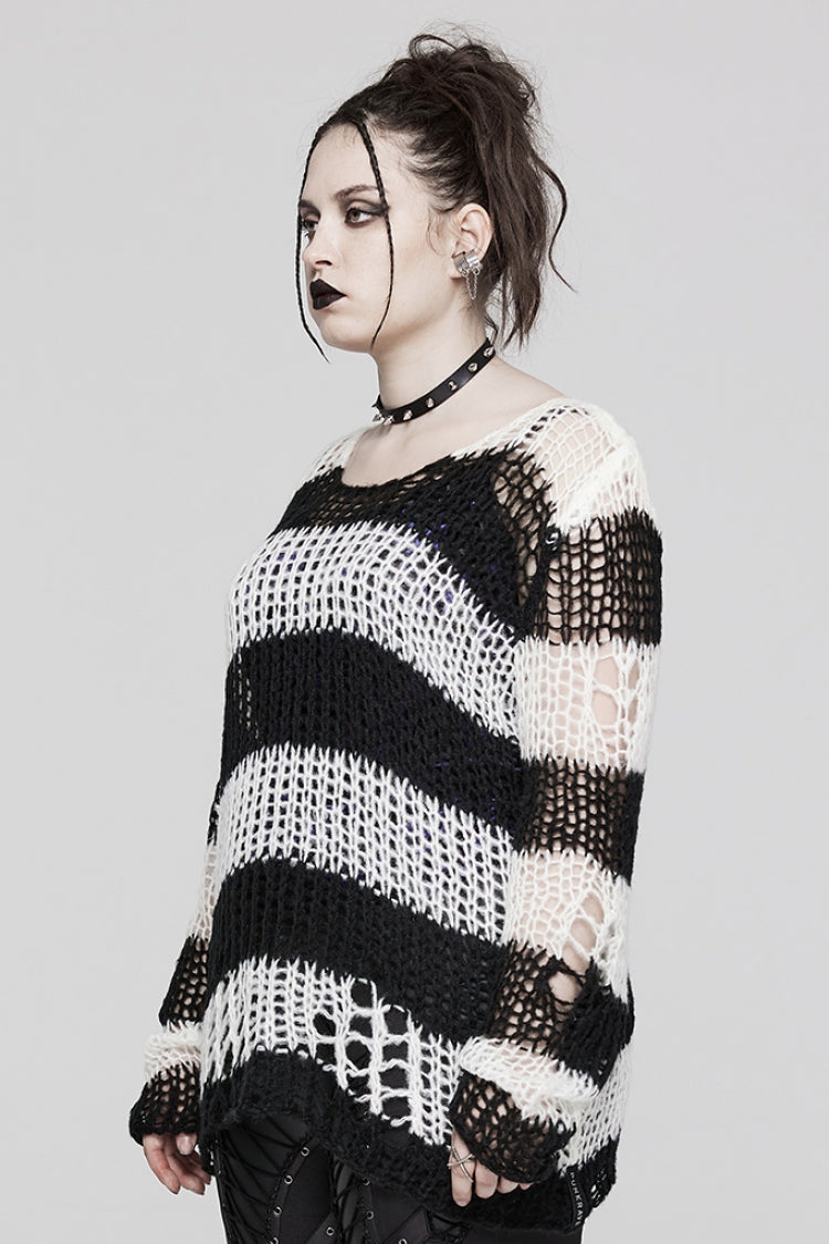 Gothic Striped Sweater - Ripped, Irregular Hem, 4 Shades