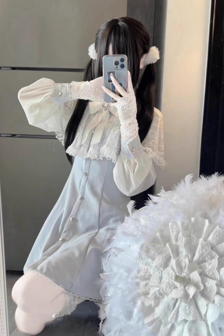 Aqua Shawl Lace Chiffon Long Sleeves Slim Jirai Kei Dress