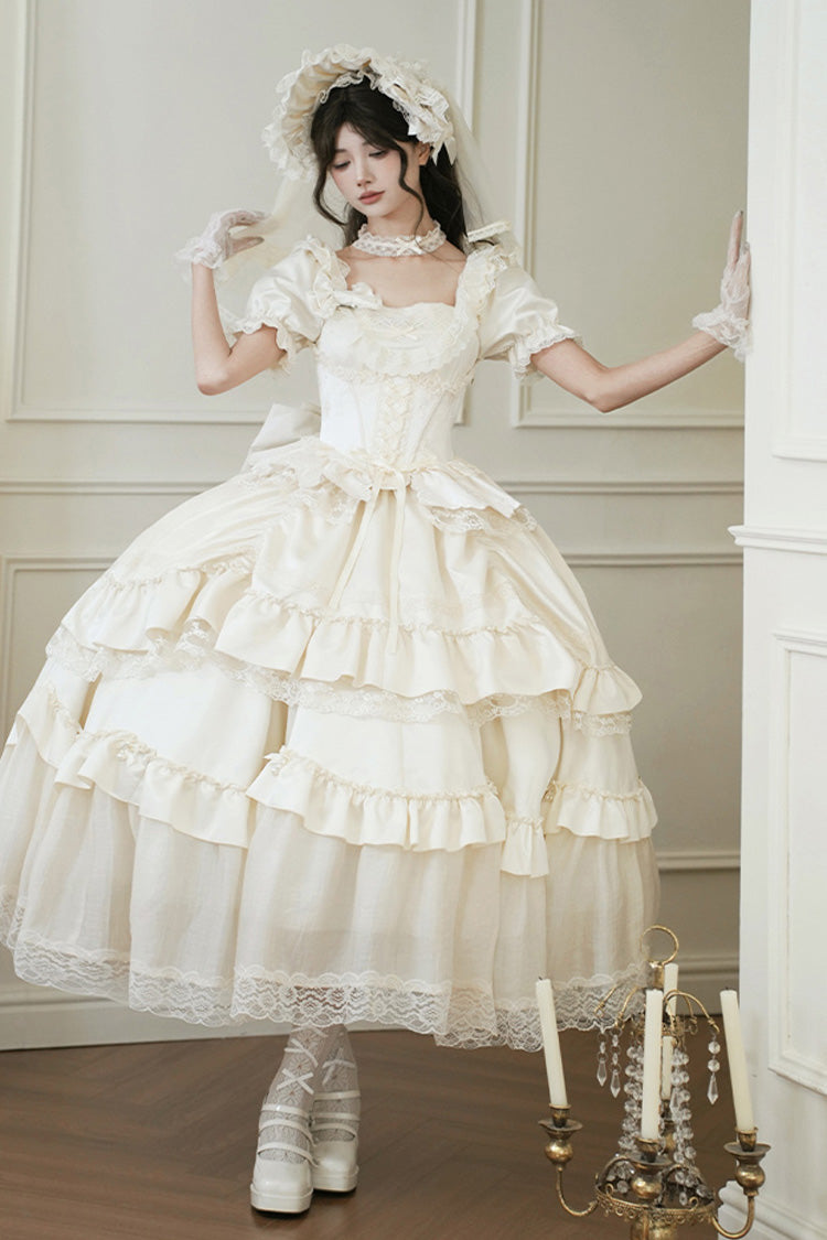 Ivory Square Neck Ruffle Bridal Bow Elegant Gown