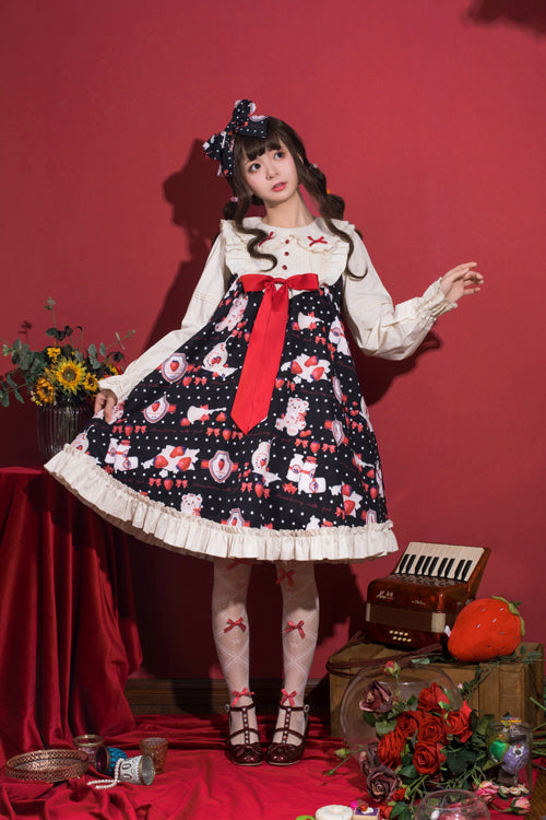 Strawberry Milk Print Lolita OP Dress - High Waist, Sweet