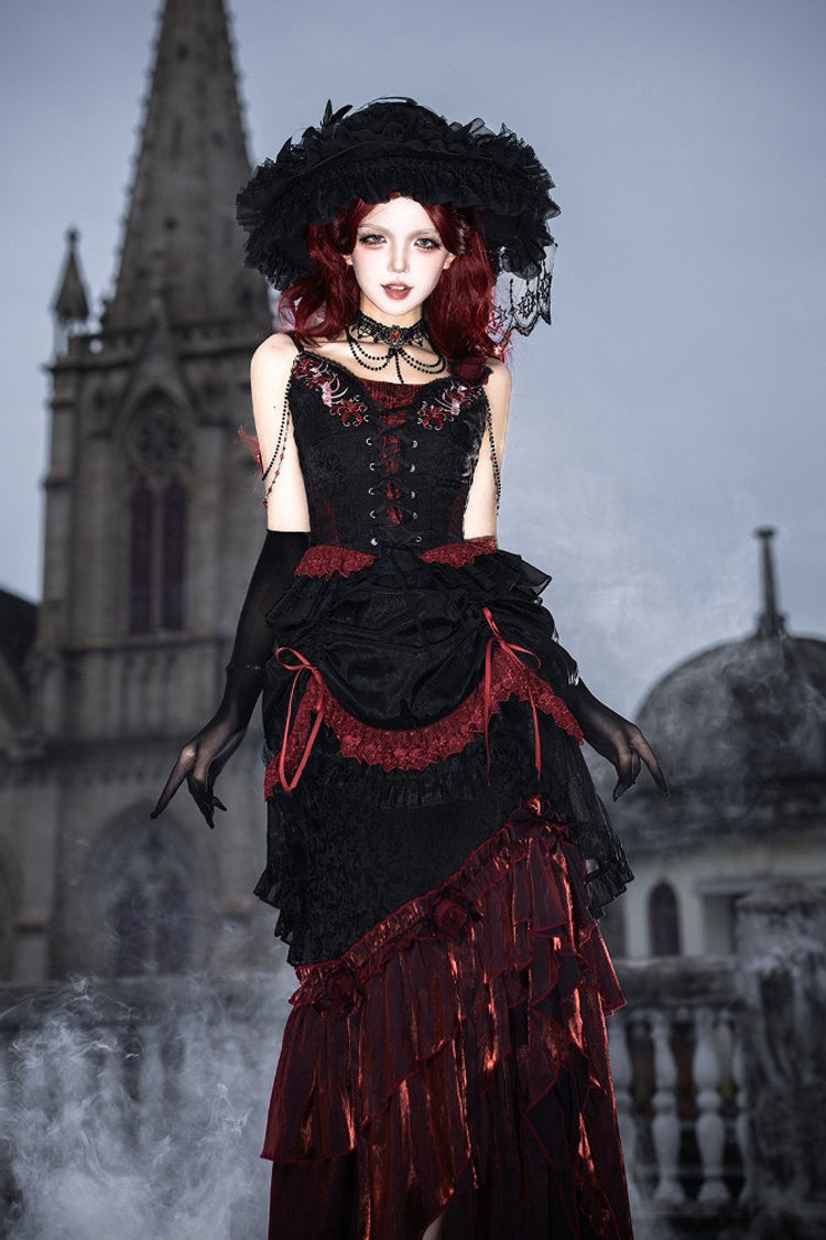 Black/Red Embroidered Lace-Up Gothic Skirt Set with Ruffles