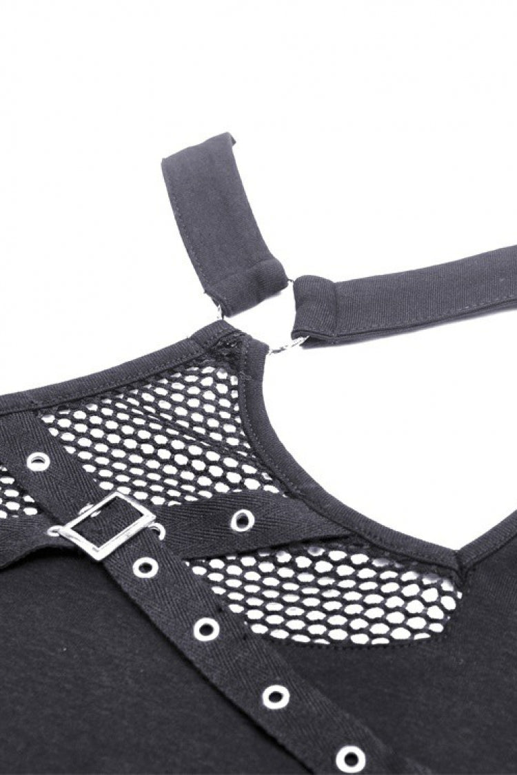 Trendy Black Eyelet Mesh Splice Long Sleeve Halter Punk Crop Top