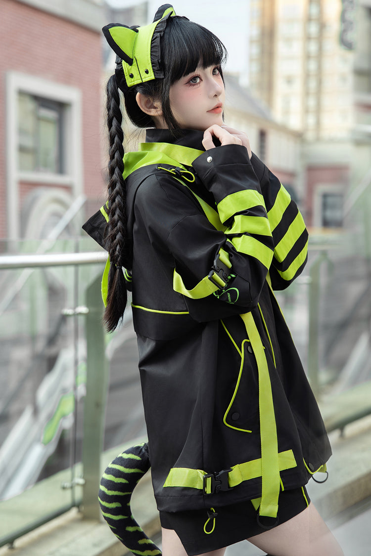 Yellow/Green/Black Long Sleeve Print Cat Ears Hooded Jirai Kei Handsome Jacket