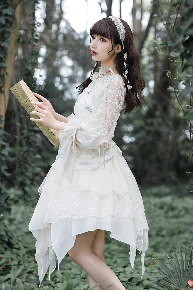 White Layered Bow Elegant Asymmetric Princess Lolita Dress
