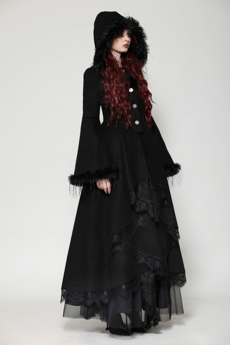 Charcoal Hooded Romantic Coat with Flared Sleeves and Buttons