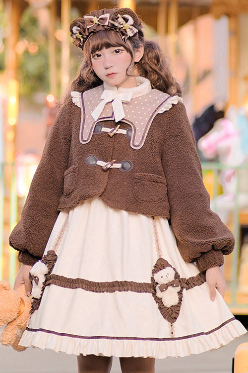 Cream OP Dress - Round Collar Lantern Sleeves Bear Sweet Lolita