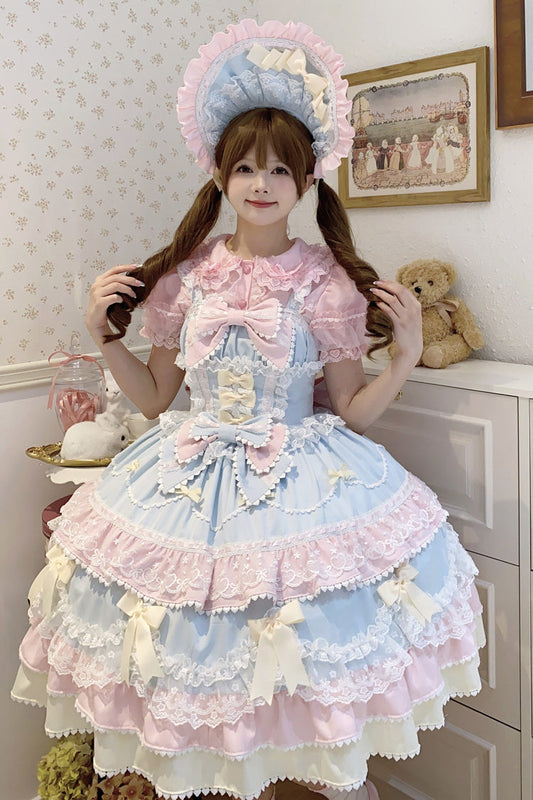 Blue Pink Fondant Cake Sleeveless Layered Ruffle Bow Lace Sweet Jsk Dress