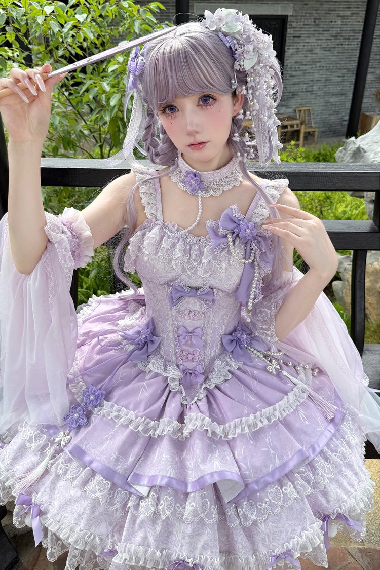 Violet Cherry Prelude Square Collar Sleeveless Jacquard Ruffled Bow Pearl Lace JSK