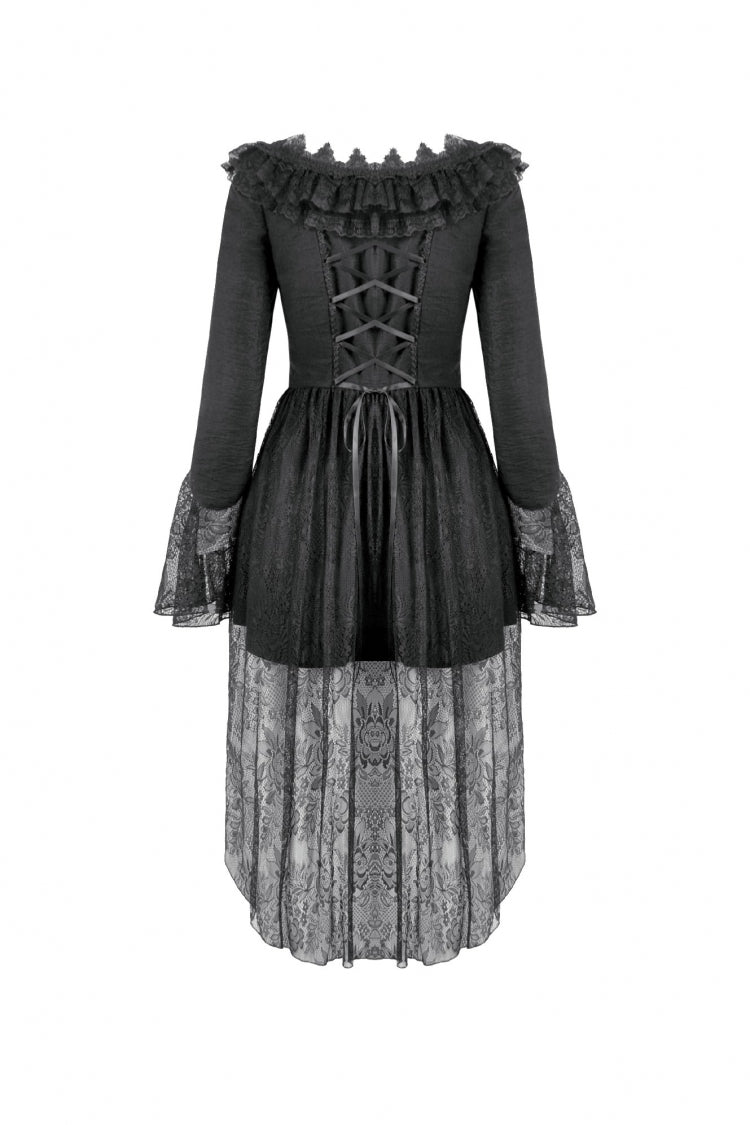 Gothic Black Lace Boat-Neck Trumpet-Sleeve High-Low Hem Elegant Long Gown