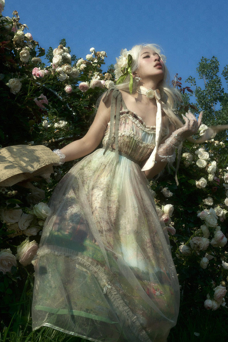 Green Oil Painting Spring Sleeveless Print Ruffle Bow Lace Sweet Jsk Dress