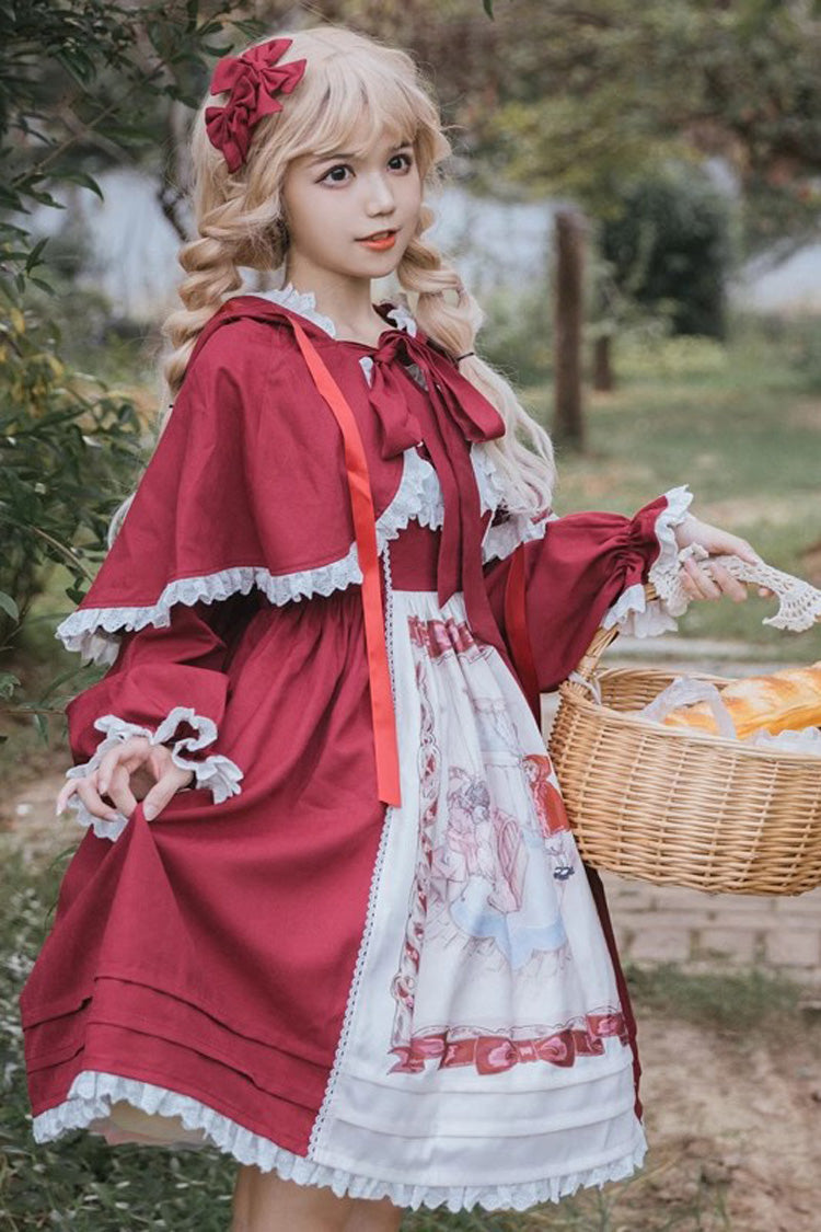 Little Red Riding Hood Red Sleeveless Print Ruffle Bowknot Sweet Princess JSK Dress