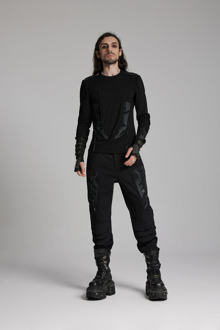 Obsidian Crewneck Long-Sleeve 3D Armor Patch Punk Tee for Men