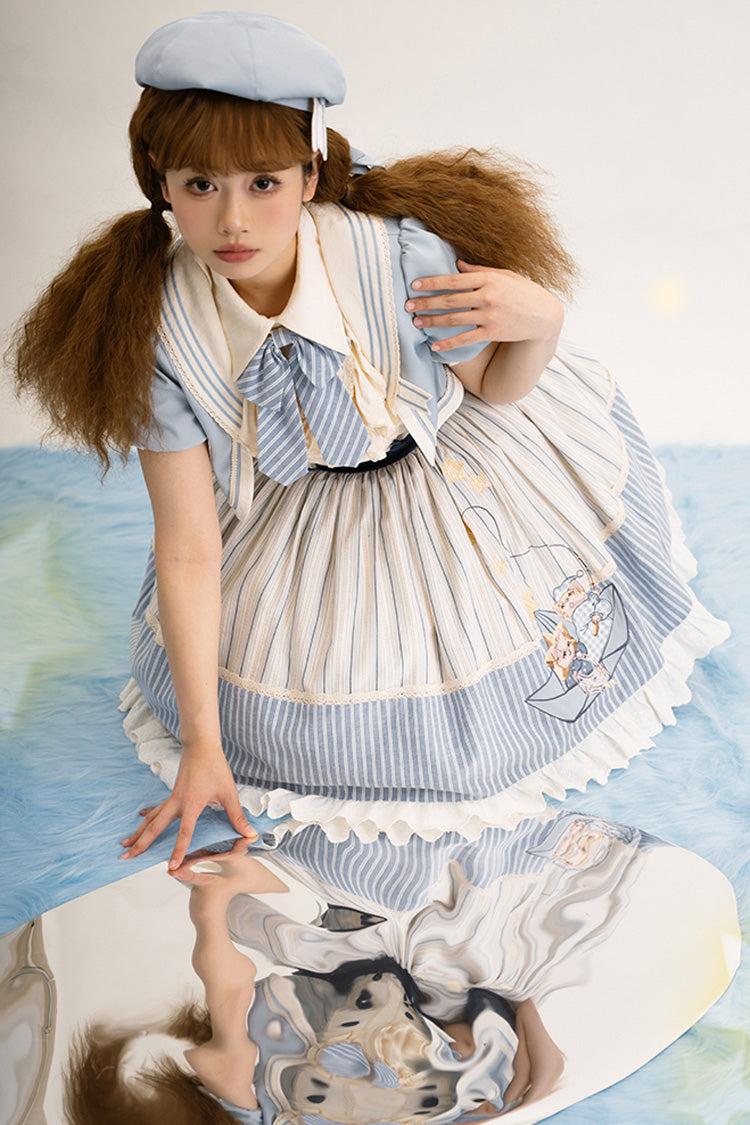 Blue Ivory Star Printed Sleeveless Sweet Lolita Dress - Navy Style