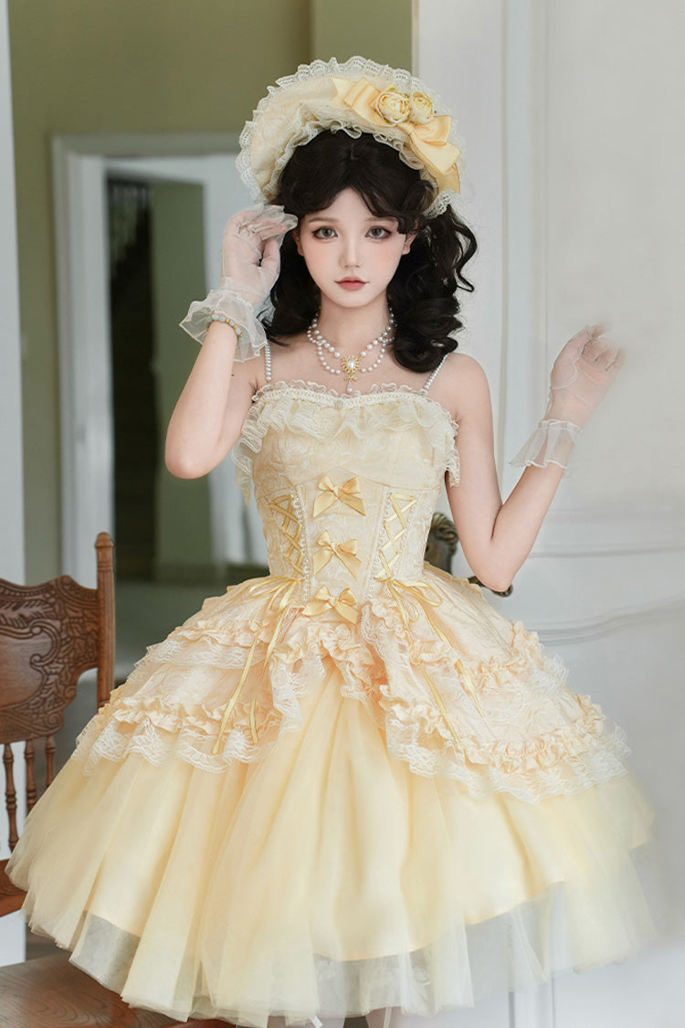 Yellow Off Shoulder Sweet Skirt with Lace and Bow - Sissi's Pilgrimage