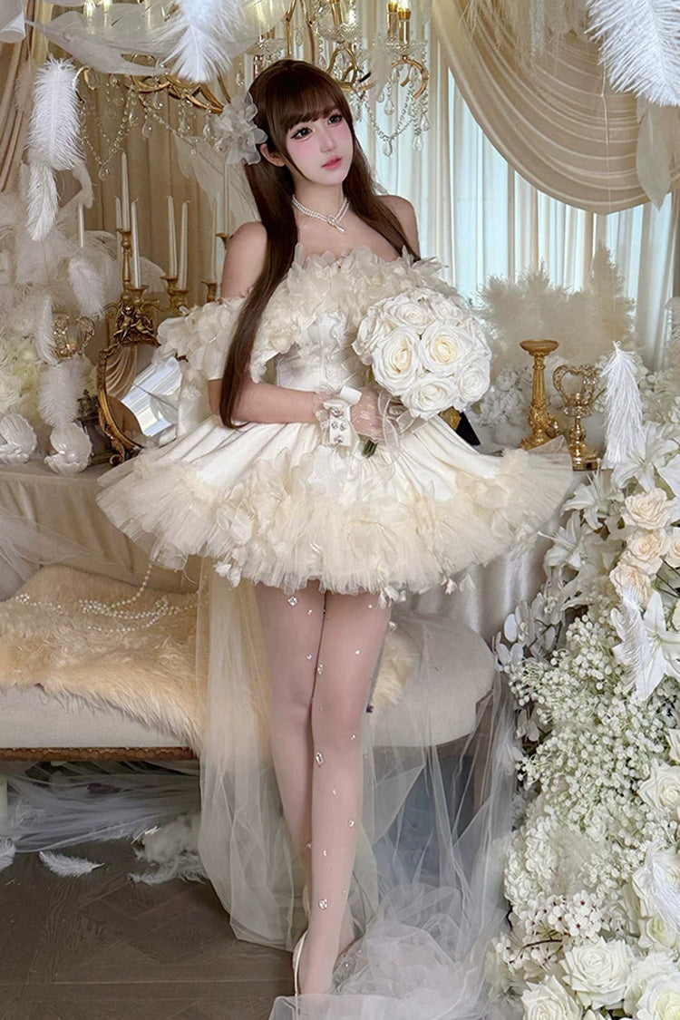 Apricot Sweet Lolita JSK Short Dress with Multi-Layer Ruffled Hanayome Bow Lace-Up and Sleeveless Design