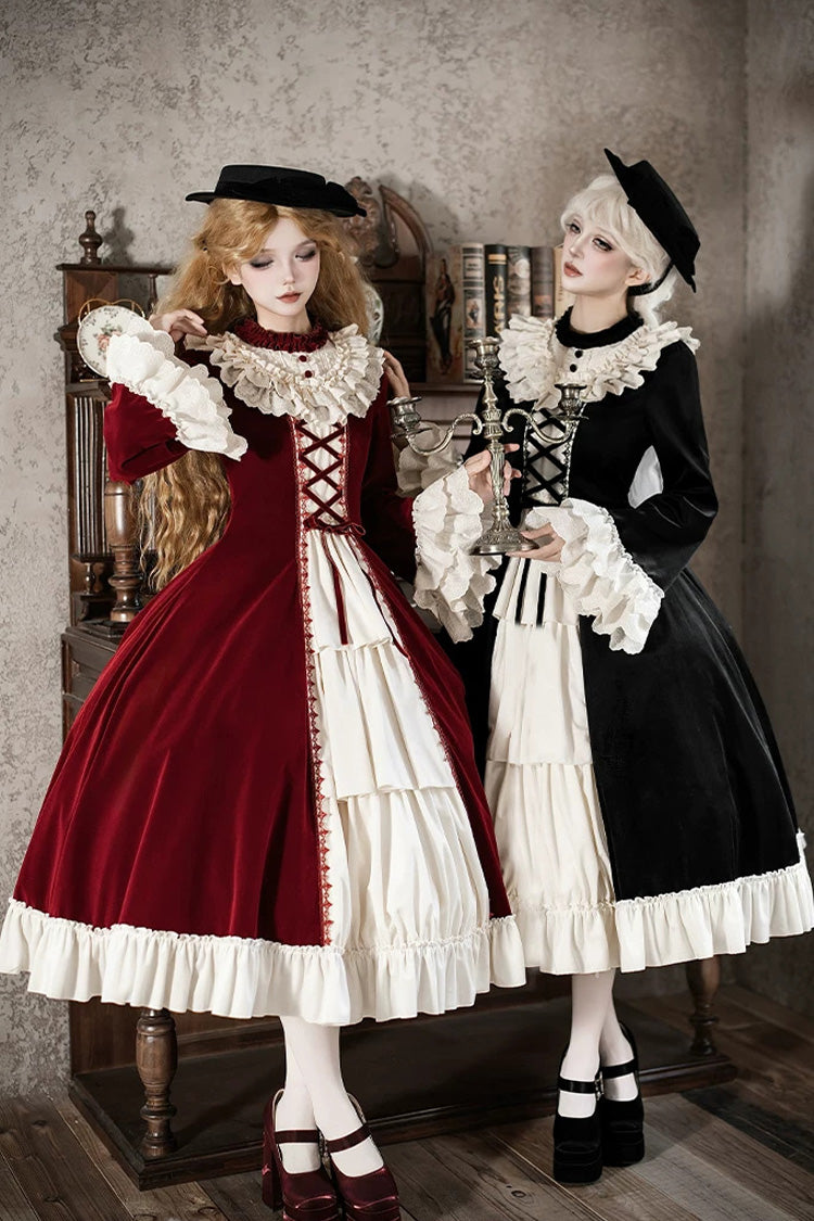 Gothic Lolita Dress with Ruffled Open-Front Bow and Lace-Up - Red