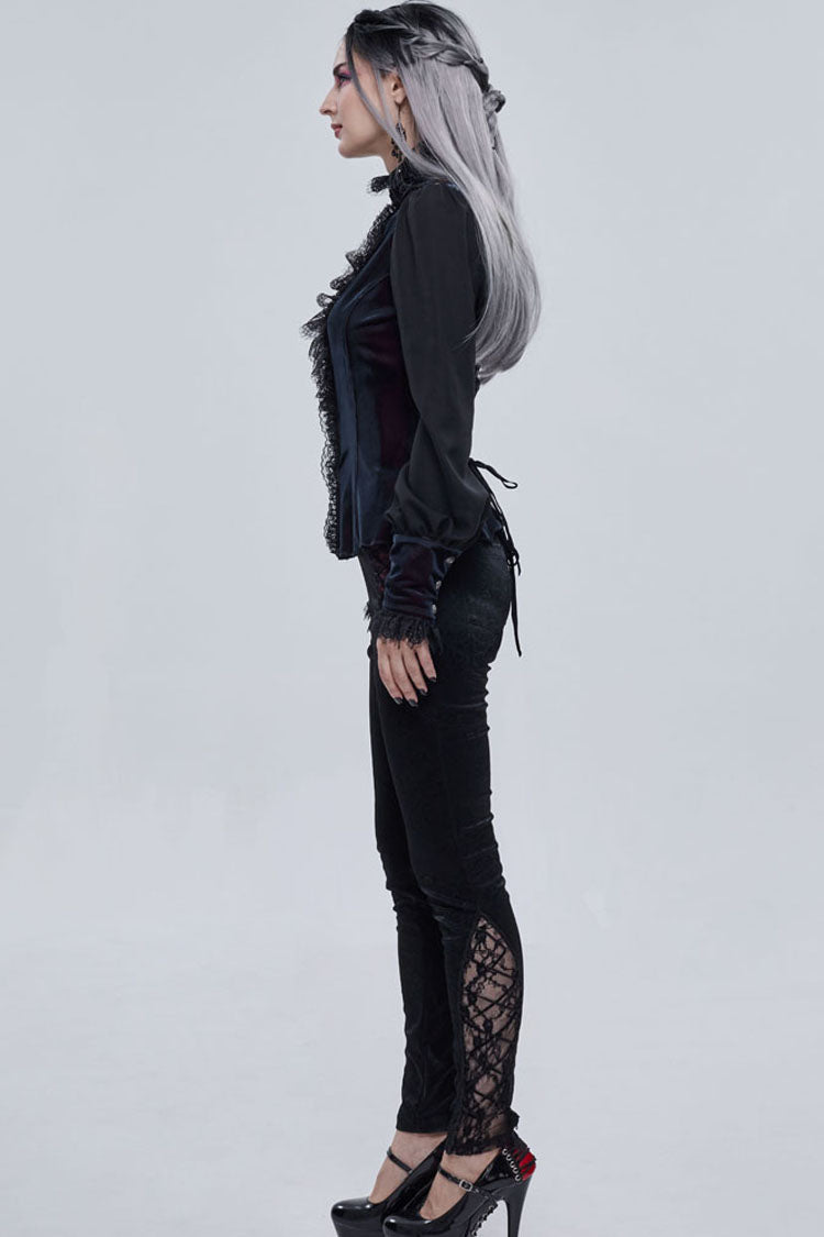 Gothic Turtleneck Shirt with Lantern Sleeves, Velvet Lace-Up, 3D Lace