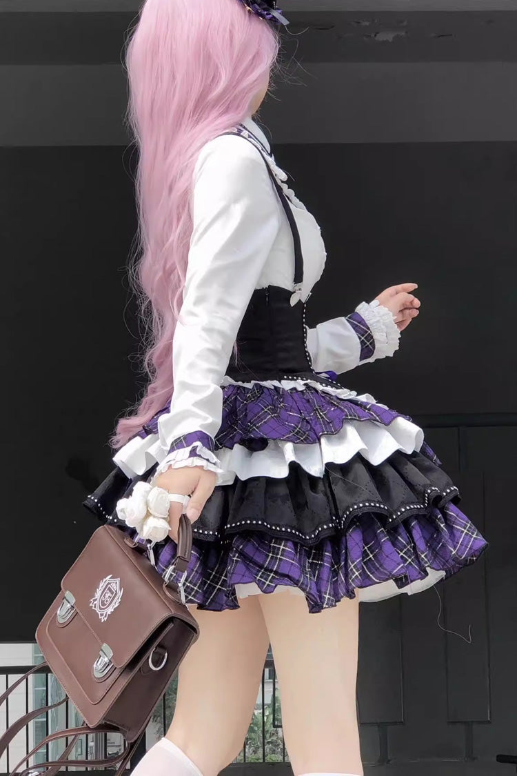 White Black Purple Multi-Layer Print Sweet Princess Lolita Skirt Set