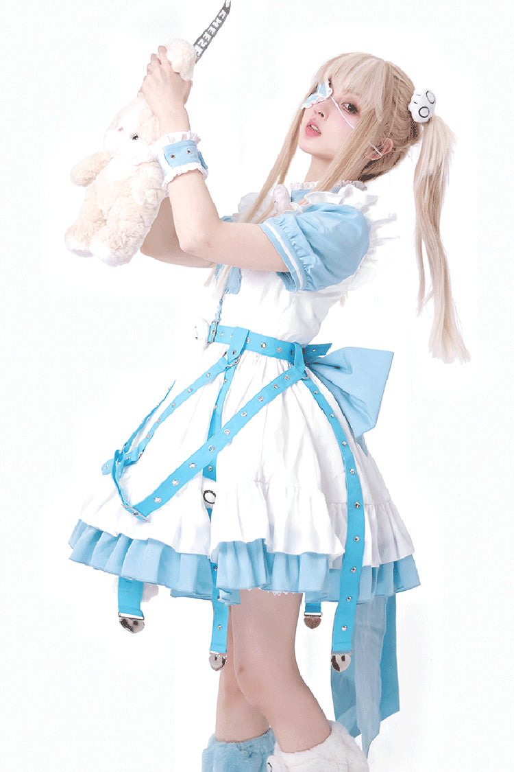 White/Blue [Treatment Room] Short Sleeve Ruffle Embroidery Jirai Kei Gown Set