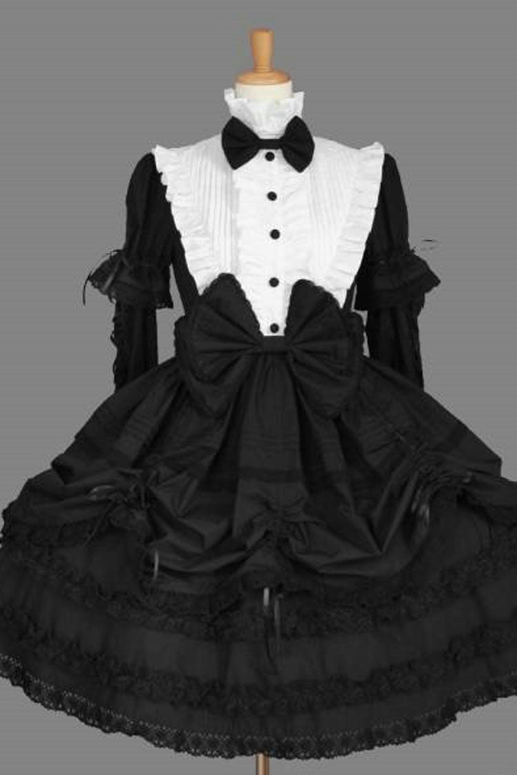 Black/White Cotton Gothic Lolita Dress Stand Collar Long Sleeves Ruffled - Altfashion Shop
