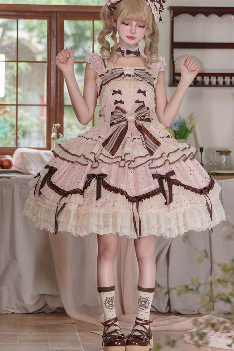 Sleeveless Print Ruffle Bow Lace-Up Sweet Elegant Lolita Jumper Dress - Pink