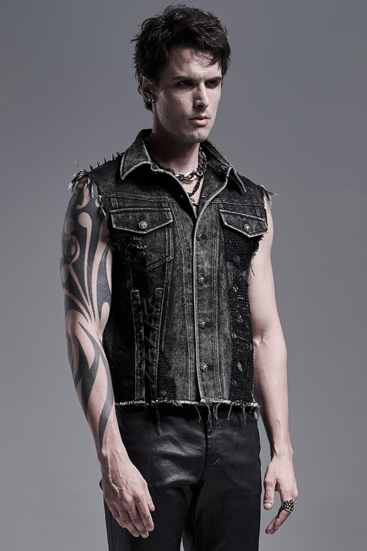 Vintage Denim Vest with Rivets and Lapel Collar for Men
