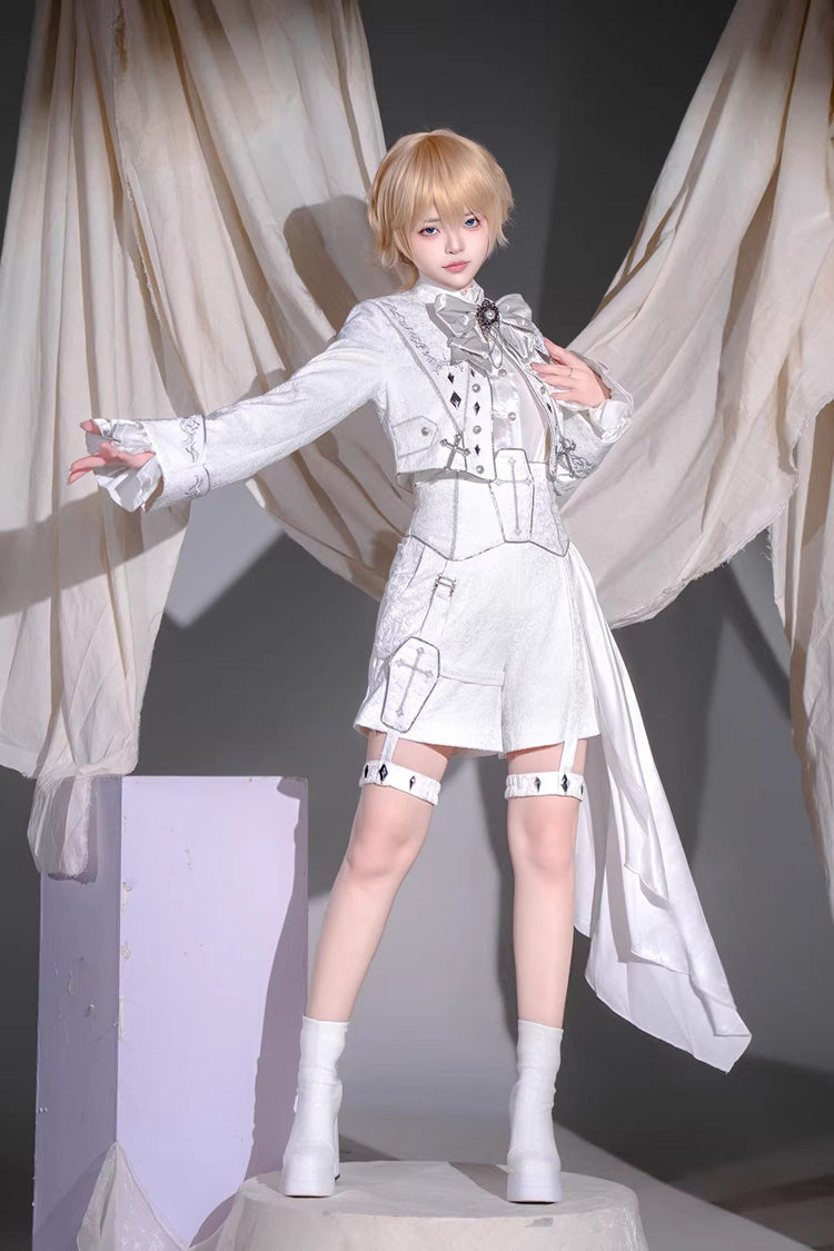 Ivory Asymmetric Prince Coat Shorts Set with Bows - Silver-White Sacred Pact