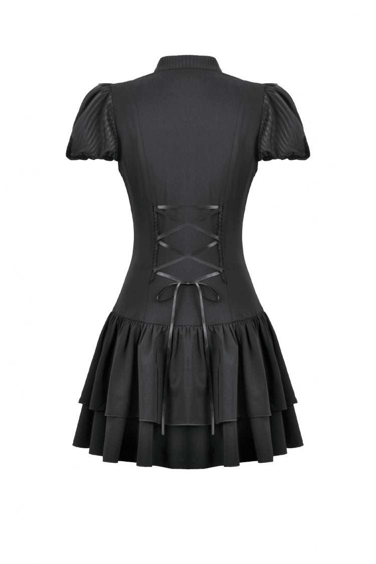 Pleated Bow Lace-Up Short Sleeve Gothic Lolita Dress - Black