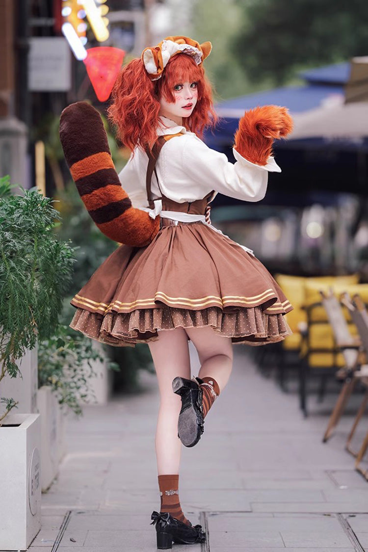 Brown Sweet Lolita Strap Dress Bowknot Ruffled Raccoon Print