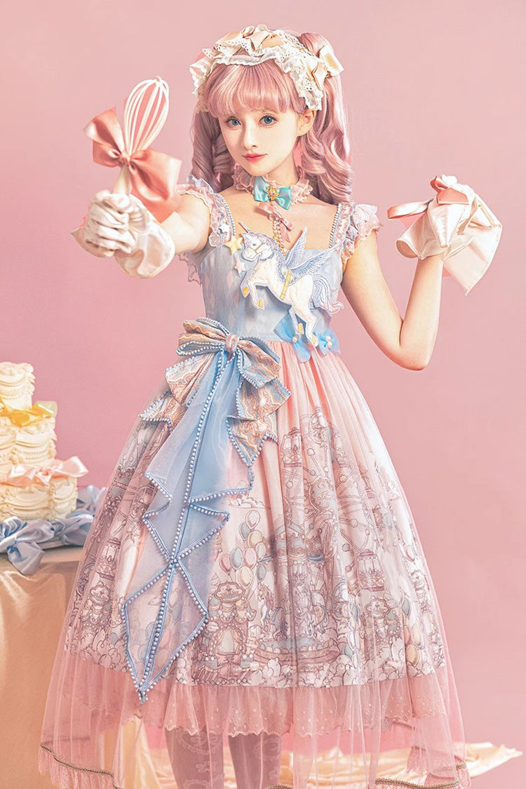 Cloud Paradise Print Ruffle Embroidery Bow Lace Sweet JSK Dress in Pink