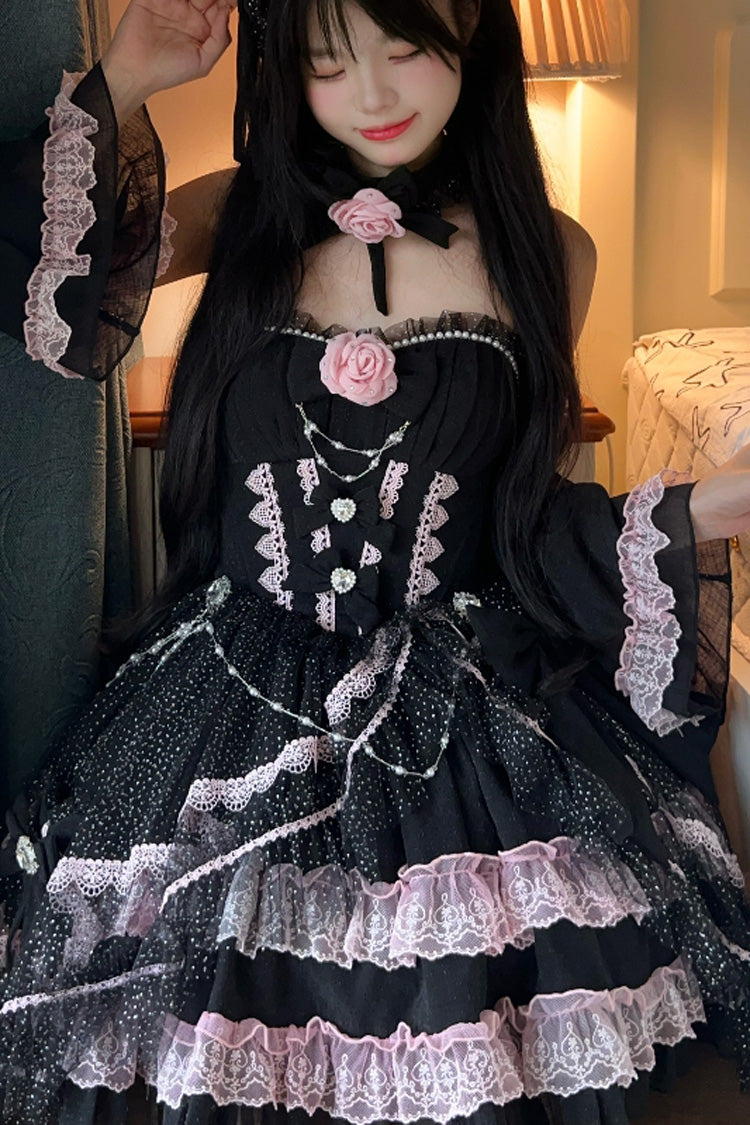 Black Pink Galaxy-Printed Tube Top Dress with Ruffles