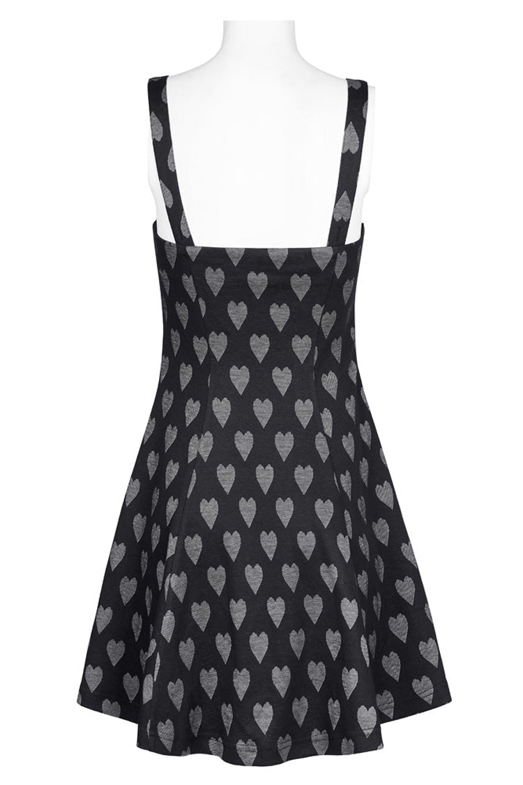 Heart Print Suspender Hollow Mesh PU Buckle Bow Dress - Punk