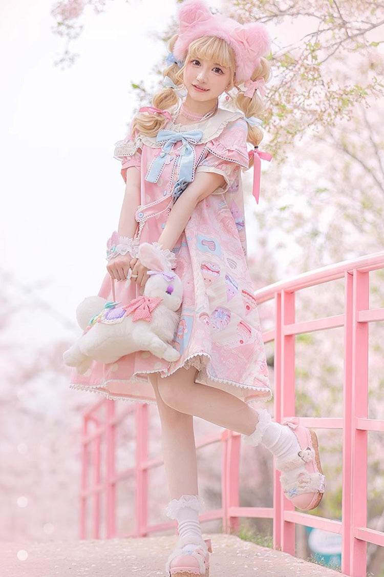 Chocolate Dessert Cake Printed Short Sleeved Ruffled Bow Lolita Dress