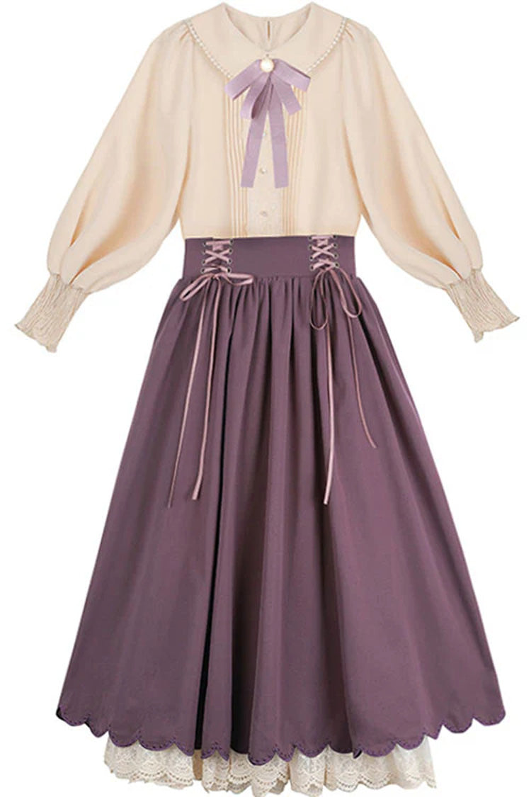 High-Waisted Lace Wave Hem Two-Piece Classic Lolita Dress