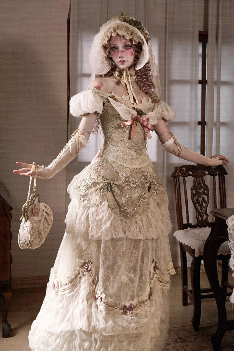 Light Brown Cupid’s Poetry Box Boat Neck Short Puff Sleeves Ruffled Cut-Out Embroidered Bow Lace Gothic Elegant Lolita Skirt Dress and Top Set
