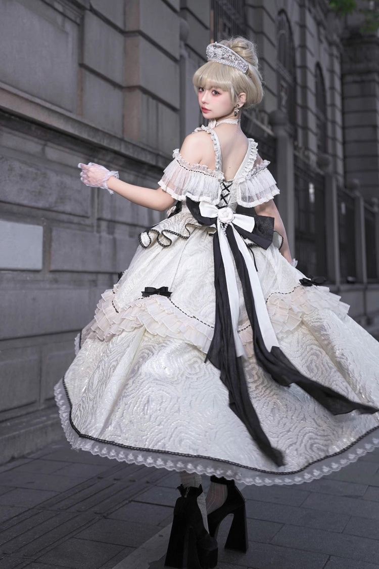 Ivory and Black Elegant Princess Lolita JSK Dress with Ruffle and Bowknot